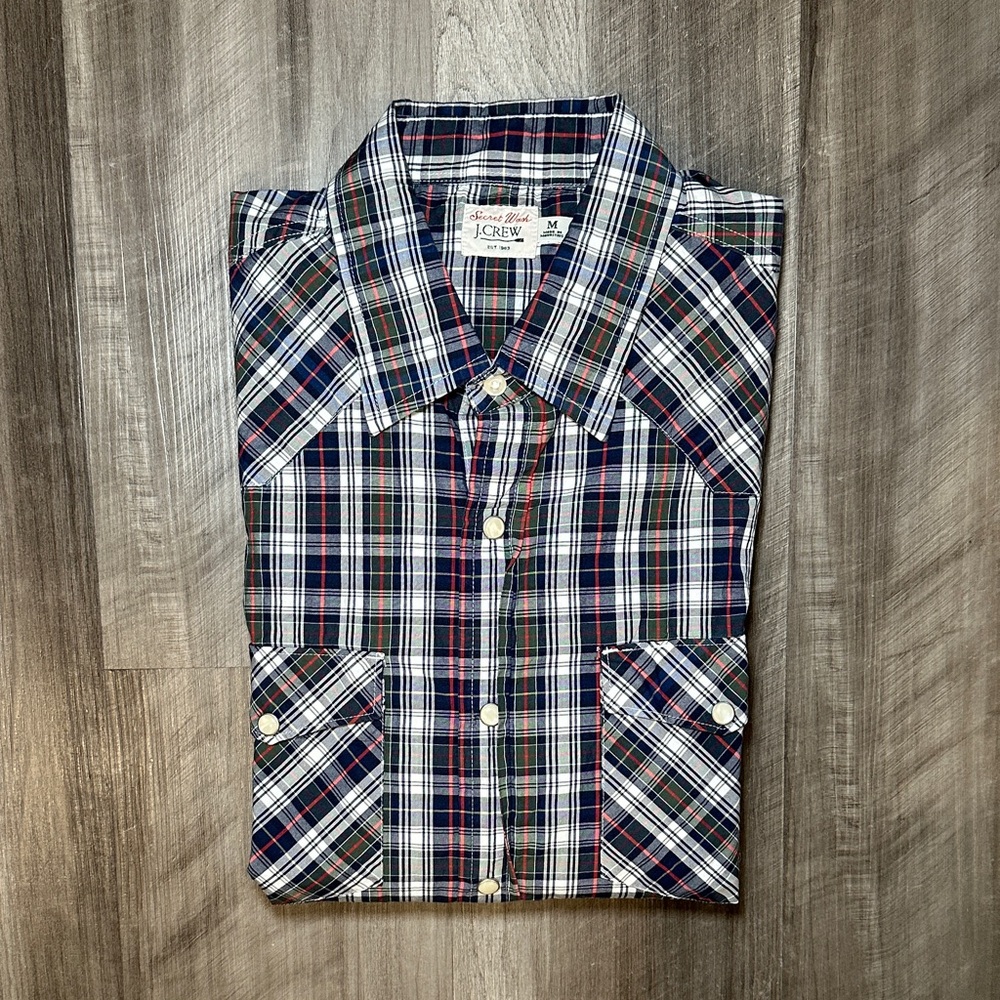 J. Crew Secret Wash Poplin Western Plaid Long Sleeve Pearl Snap Button - Medium